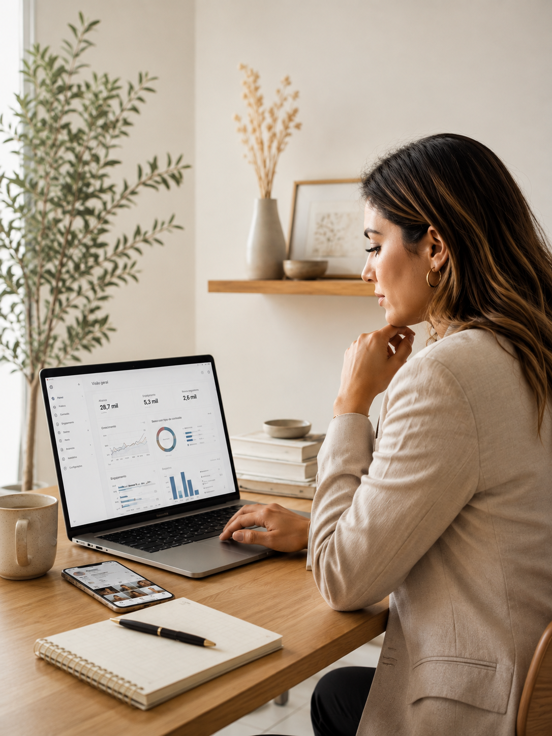Empreendedora analisando métricas do Instagram em um notebook