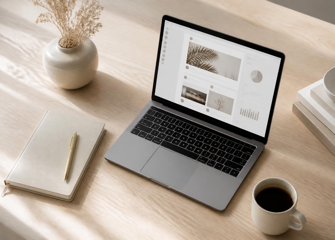 Mesa de trabalho com notebook exibindo o feed do Instagram e gráficos