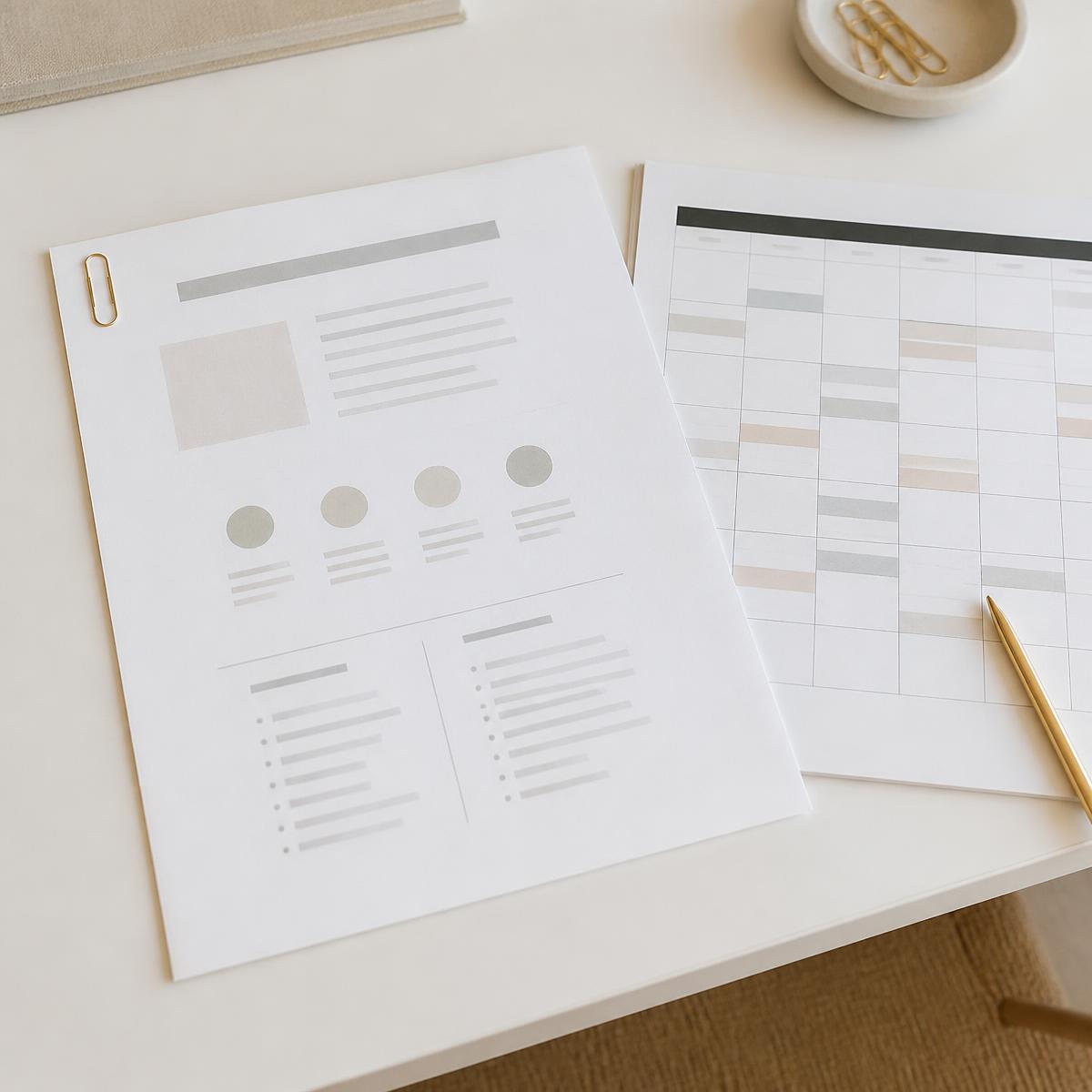 Planejamento estratégico e calendário de conteúdo impressos sobre a mesa